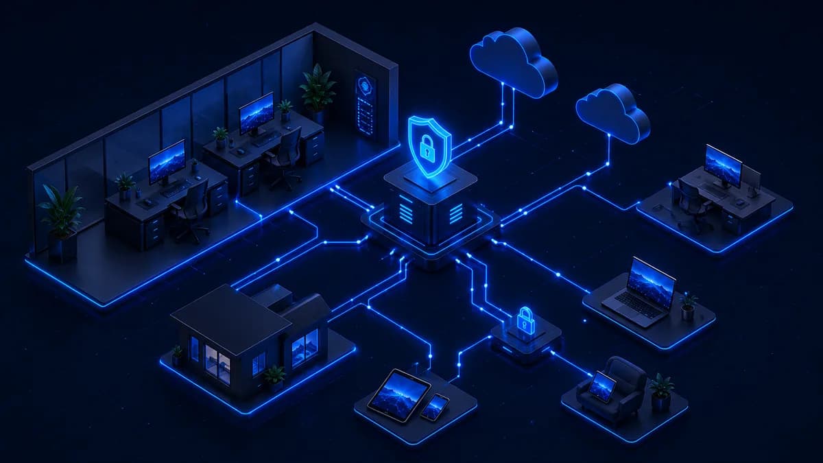 Isometric 3D illustration of remote desktop for small business in the UK — an office with multiple desks and computers connected in a hub-and-spoke network on a dark technical grid with blue connectivity nodes